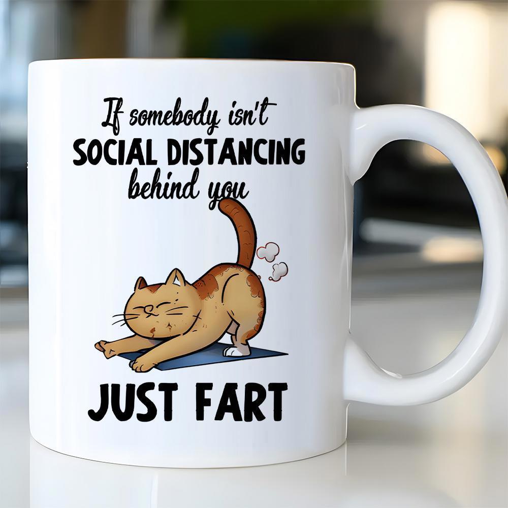 Tailorly White Ceramic 11 oz Mug - If Somebody Isnt Social Distancing Behind You Just Fart Playful Ginger Tabby Stretching Among Small Puffy Clouds Cat