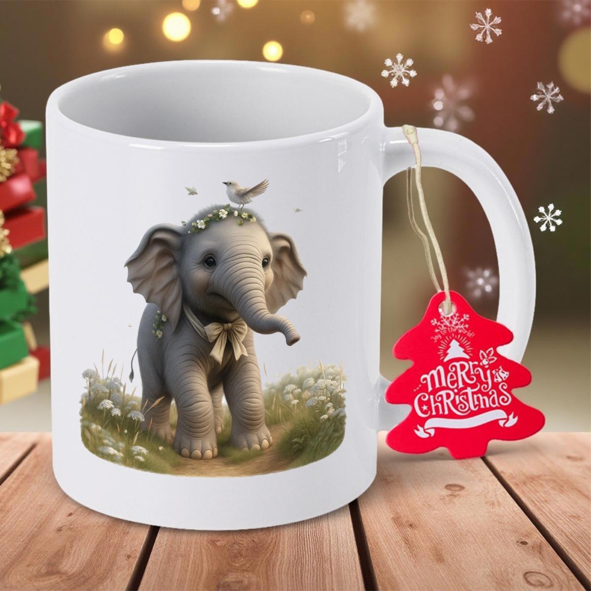 Tailorly White Ceramic 11 oz Mug - Merry Christmas Adorable Baby Elephant Wearing Flower Crown Standing In Grassy Meadow Elephant