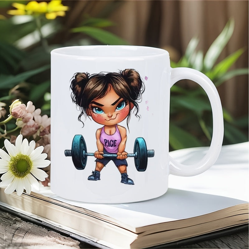 Tailorly White Ceramic 11 oz Mug - Pick Muscular Chibi Character Lifting Heavy Barbell In Dynamic Gym Pose Girl