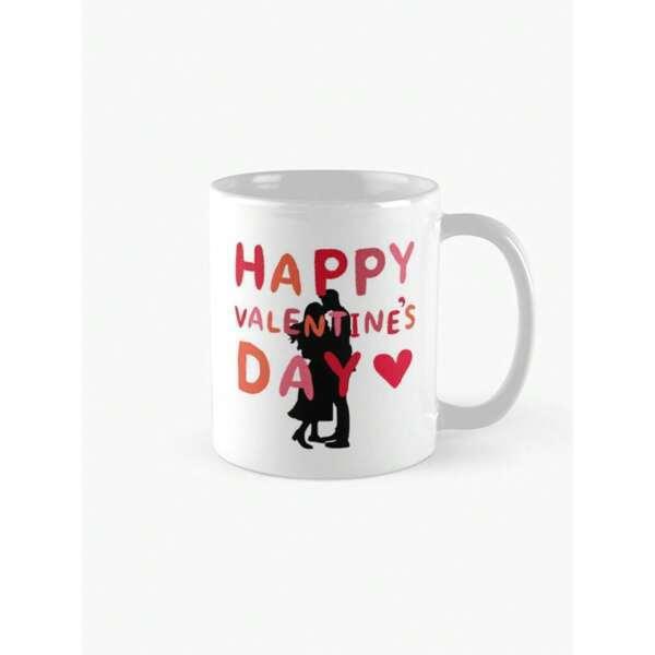 Tailorly White Ceramic 11 oz Mug - Happy Valentine's Day Romantic Couple Embracing With Red Heart Symbols Under Tender Atmosphere Silhouette