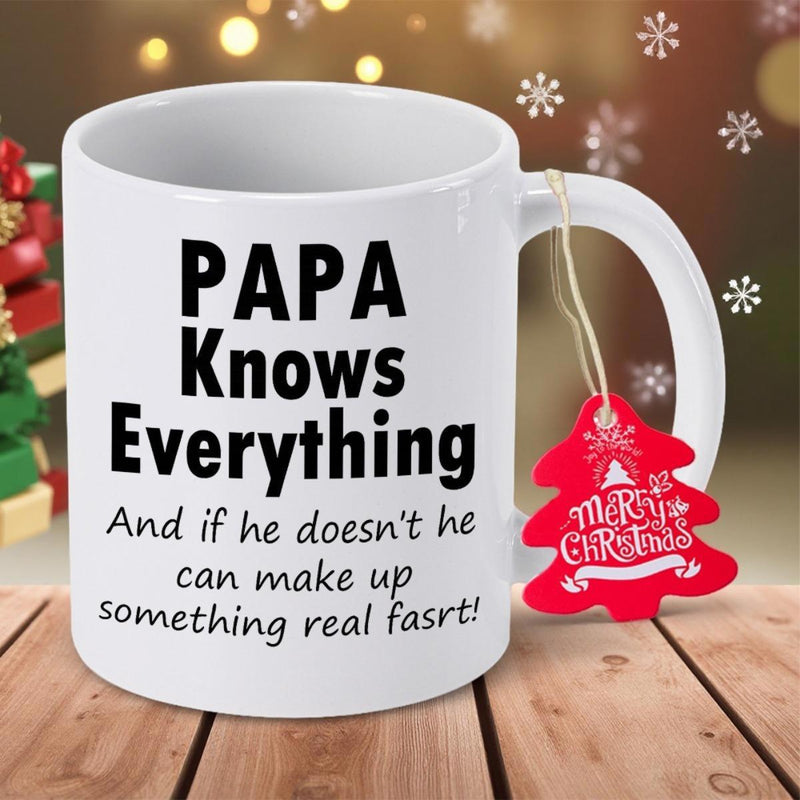 Tailorly White Ceramic 11 oz Mug - Papa Knows Everything And If He Doesnt He Can Make Up Something Real Fasrt Sleek White Ceramic Vessel With Bold Typography