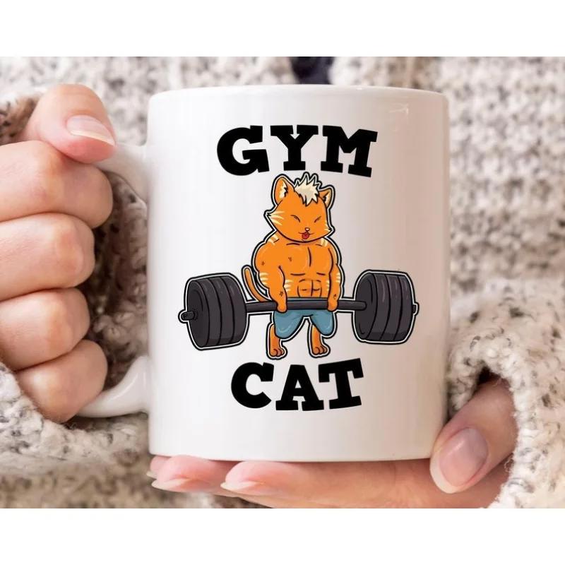 Tailorly White Ceramic 11 oz Mug - Gym Cat Strong Muscular Orange Feline Lifting Heavy Black Barbell Weights Cat
