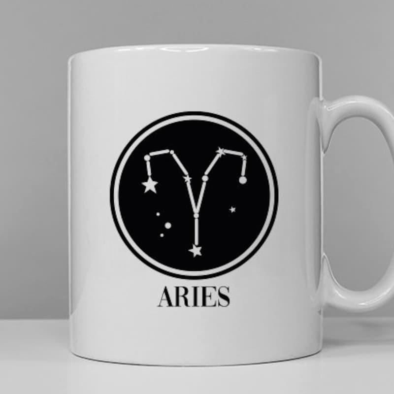 Tailorly White Ceramic 11 oz Mug - Aries Minimalist Starry Constellation Pattern Within A Geometric Black Circular Frame Aries