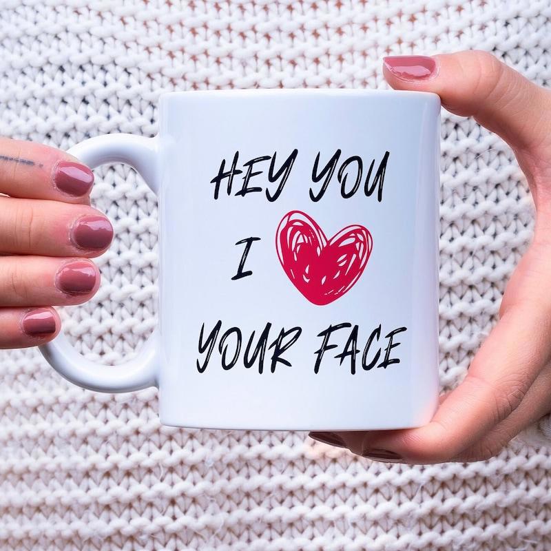 Tailorly White Ceramic 11 oz Mug - Hey You I Your Face Minimalist Scribble Style Red Heart Design Centered On