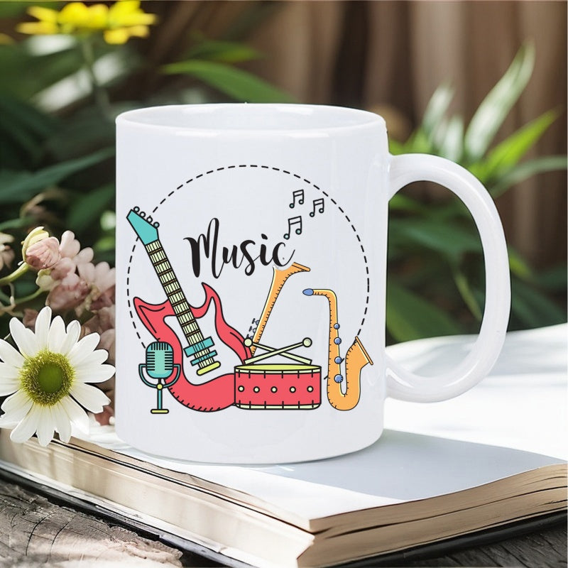 Tailorly White Ceramic 11 oz Mug - Music Colorful Cartoon Musical Instruments Arranged Inside A Circular Frame Instrument