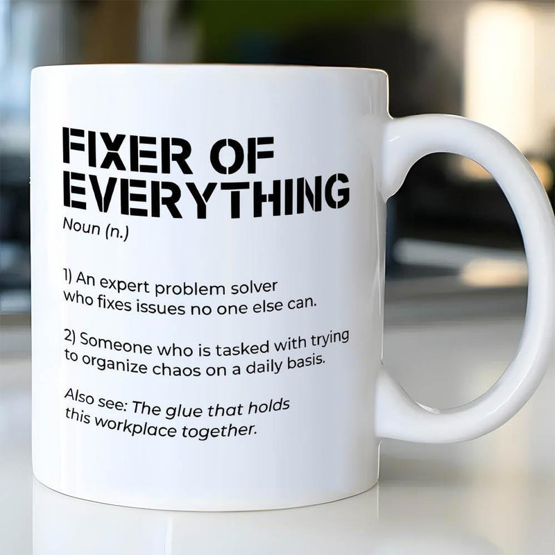 Tailorly White Ceramic 11 oz Mug - Fixer Of Everything Minimalist Dictionary Style Bold Typography Layout On
