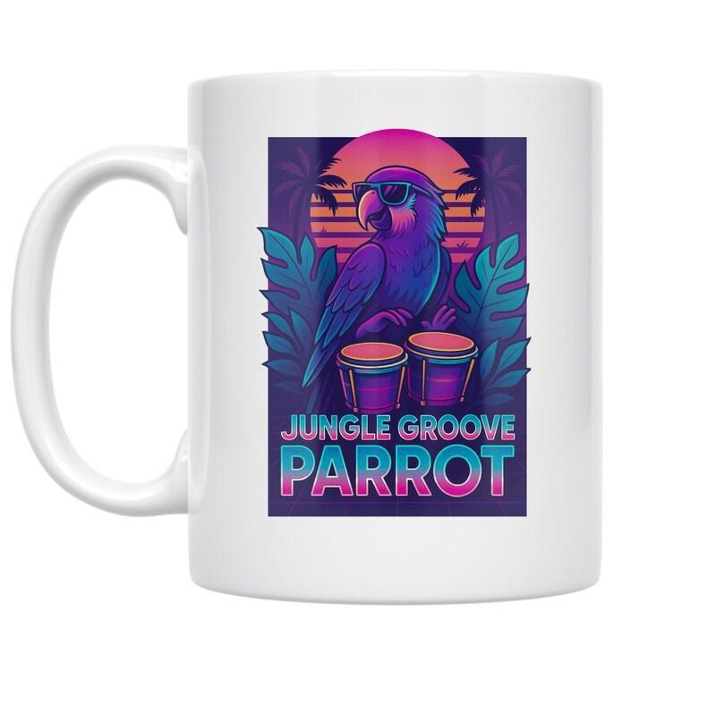 Tailorly White Ceramic 11 oz Mug - Jungle Groove Parrot Vibrant Purple Bird Playing Bongo Drums Under Sunset Tropical Palm Leaves Parrot