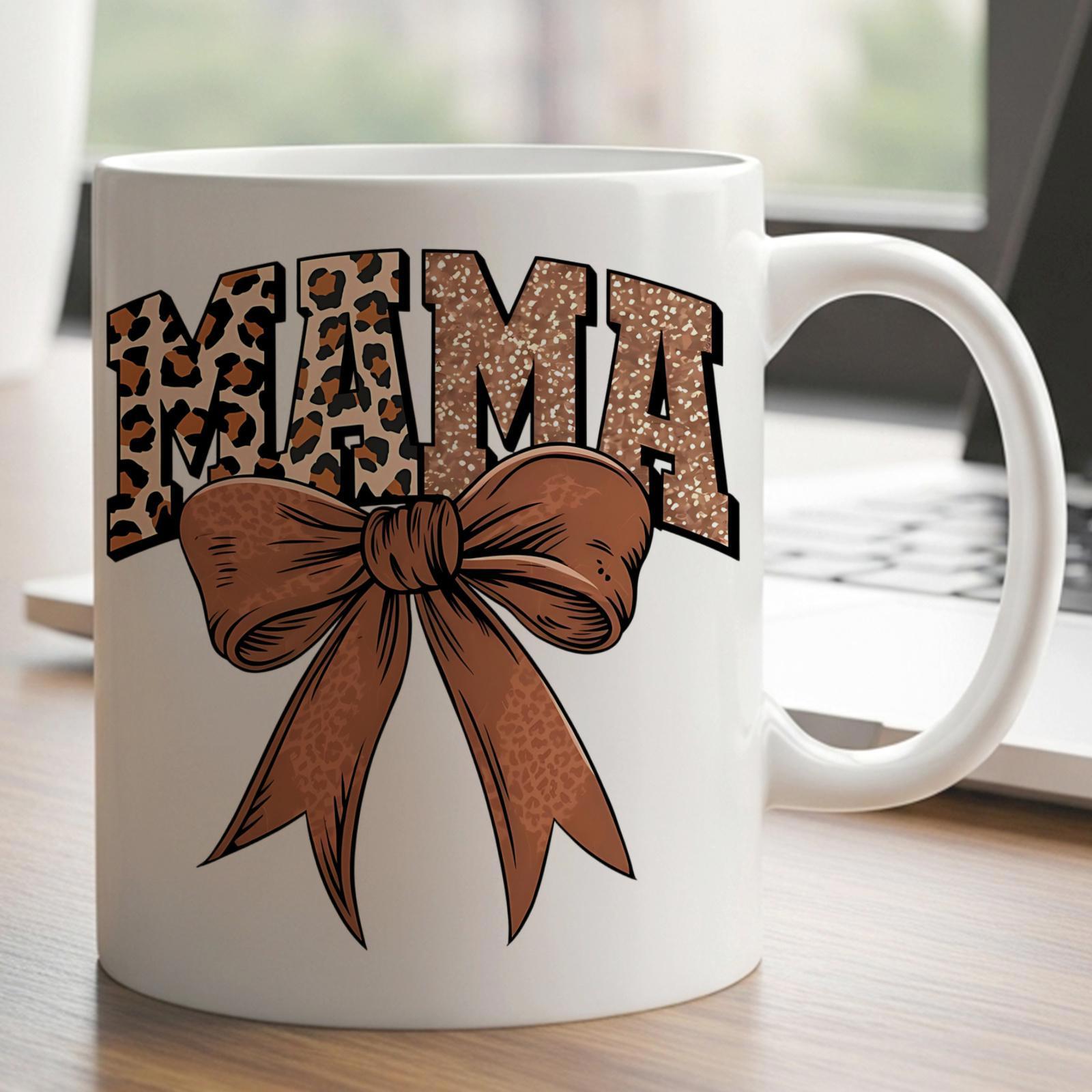 Tailorly White Ceramic 11 oz Mug - Mama Leopard Patterned Block Letters Featuring A Large Elegant Brown Decorative Bow