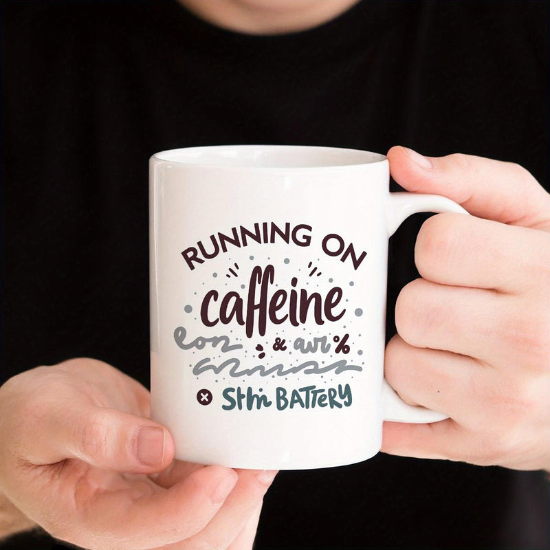 Tailorly White Ceramic 11 oz Mug - Running On Caffeine Low 1% Battery Minimalist White Ceramic Featuring Hand Drawn Script Text And Dots Mug