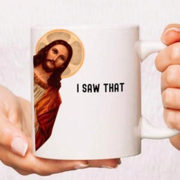 Tailorly White Ceramic 11 oz Mug - I Saw That Sacred Figure With Golden Halo Peeking From Side Of Frame Jesus