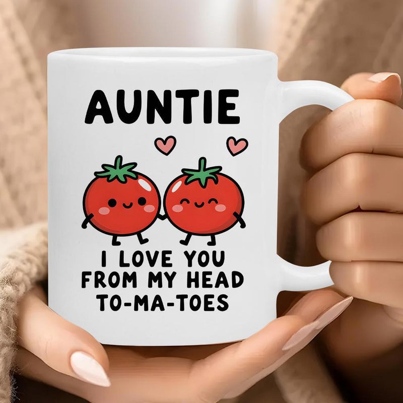 Tailorly White Ceramic 11 oz Mug - Auntie I Love You From My Head To Ma Toes Two Cute Anthropomorphic Red Vegetables Holding Hands With Floating Hearts Tomato