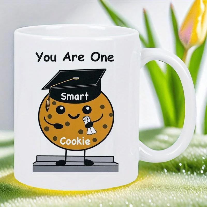 Tailorly White Ceramic 11 oz Mug - You Are One Smart Cookie Smiling Character Wearing Black Mortarboard Holding Scroll Standing On Steps Cookie