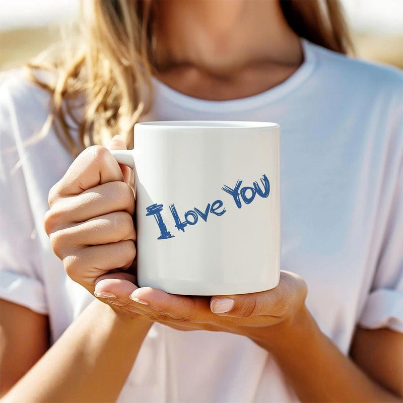 Tailorly White Ceramic 11 oz Mug - I Love You Minimalist Blue Handwritten Script On A Classic