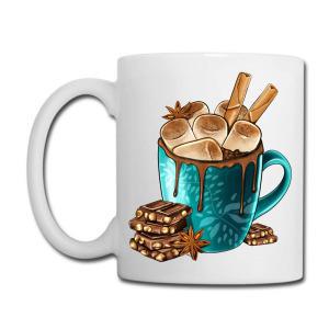 Tailorly White Ceramic 11 oz Mug - Steaming Hot Chocolate With Melted Marshmallows And Sweet Cinnamon Sticks Cocoa
