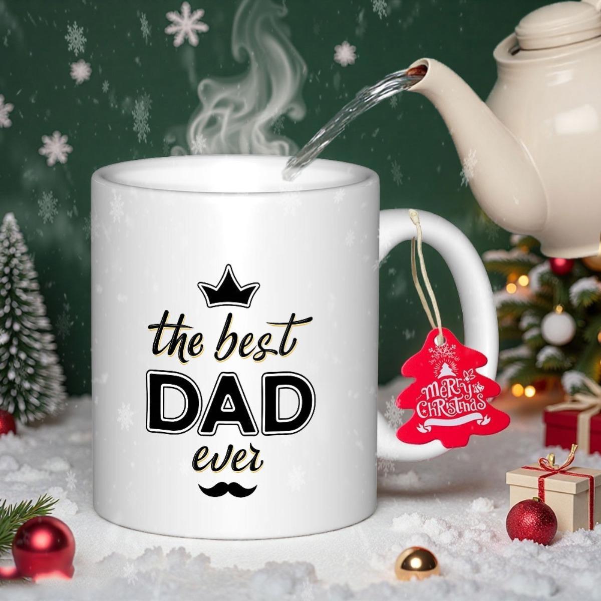 Tailorly White Ceramic 11 oz Mug - The Best Dad Ever Elegant Black Crown And Mustache Icons With Artistic Script Lettering Mug