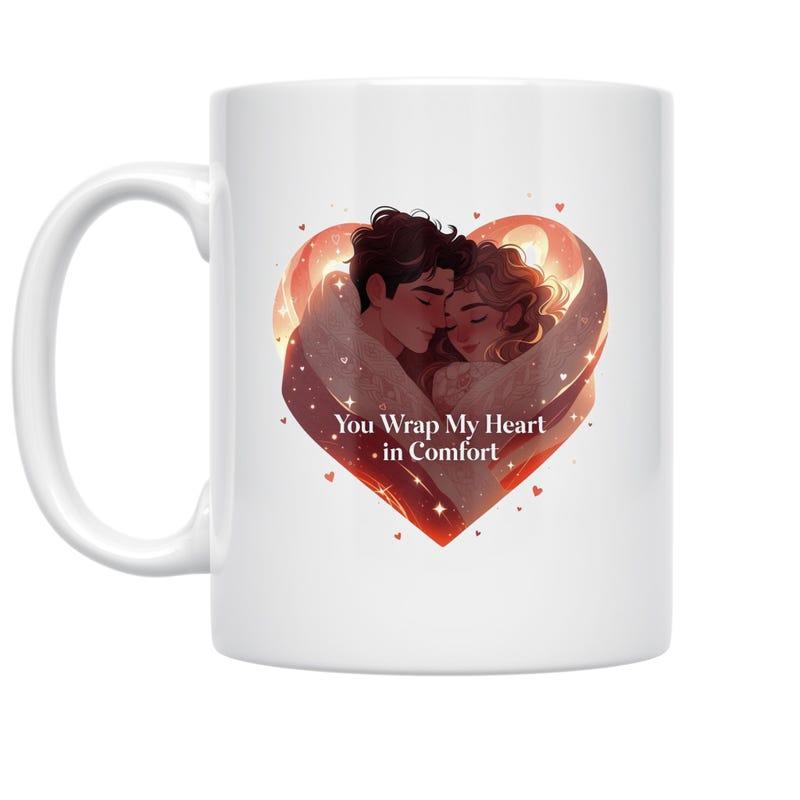 Tailorly White Ceramic 11 oz Mug - You Wrap My Heart In Comfort Romantic Lovers Embracing Inside A Glowing Warm Heart With Sparkling Golden Light Couple