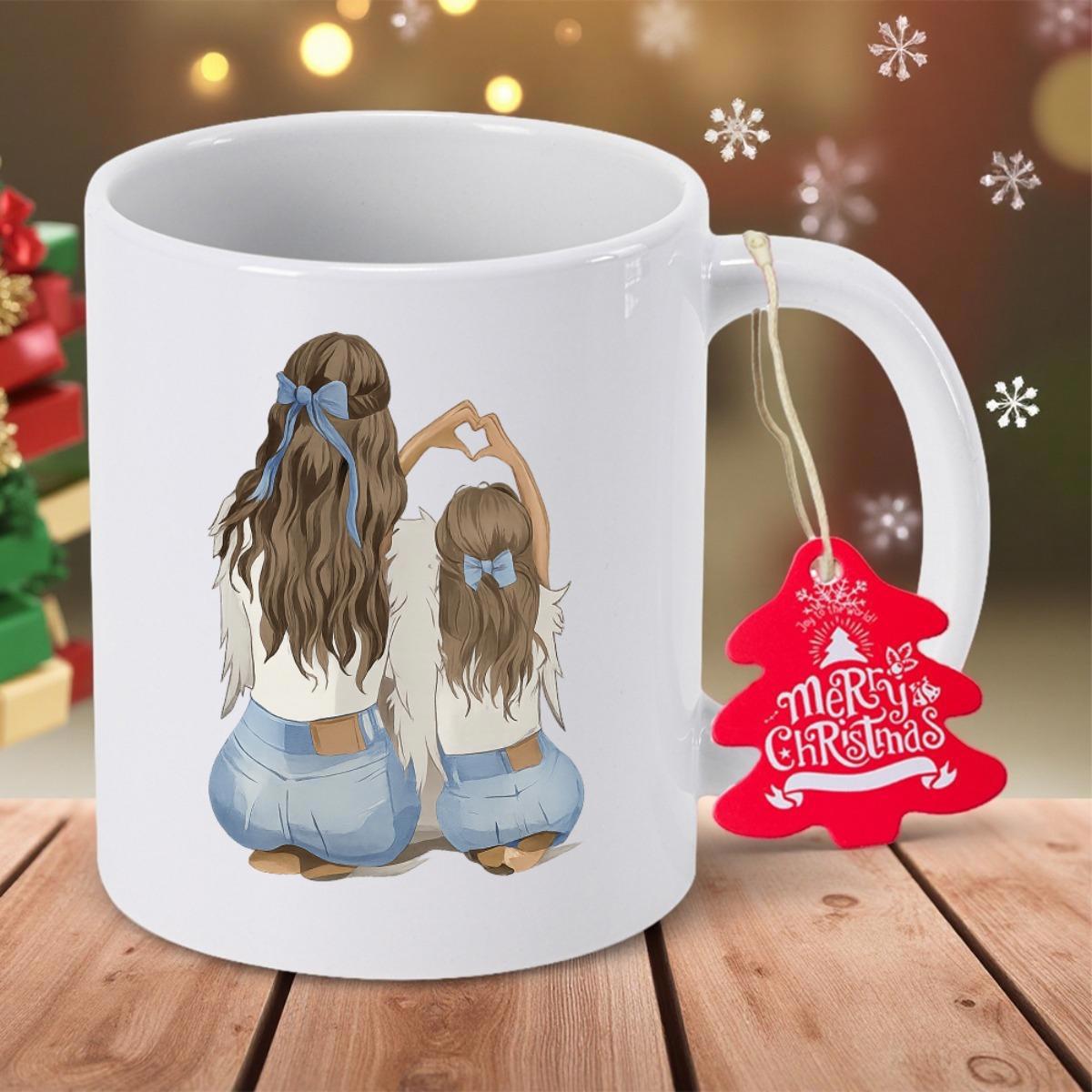 Tailorly White Ceramic 11 oz Mug - Merry Christmas Two Girls Making Hand Heart Shape Among Festive Snowy Background Figures