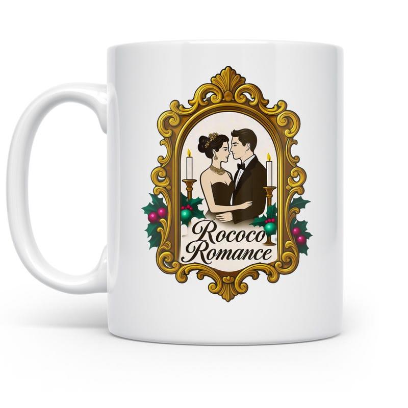 Tailorly White Ceramic 11 oz Mug - Rococo Romance Elegant Evening Couple Posing Within Ornate Golden Decorative Vintage Frame