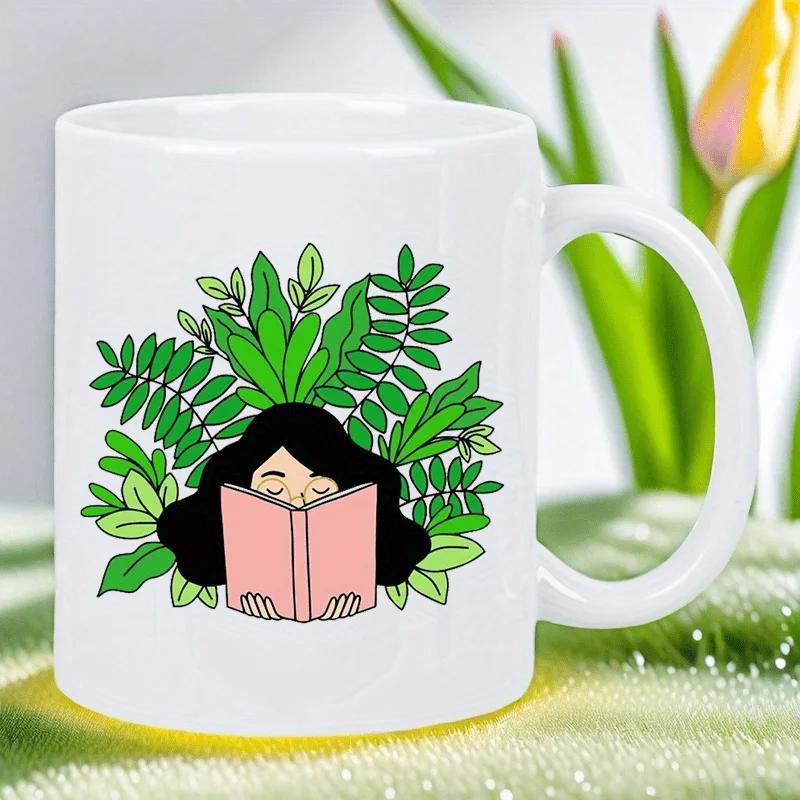 Tailorly White Ceramic 11 oz Mug - Peaceful Reading Scene With Pink Book And Lush Green Garden Girl