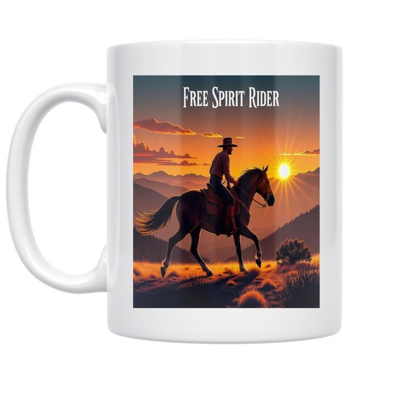 Tailorly White Ceramic 11 oz Mug - Free Spirit Rider Majestic Silhouette Of A Lone Cowboy Riding A Horse Into Sunset Rider