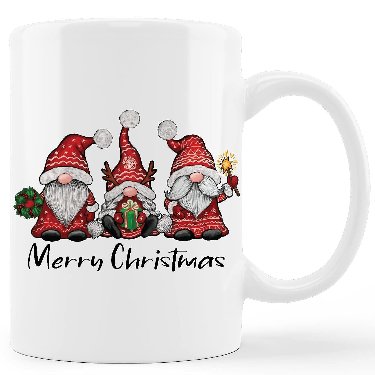 Tailorly White Ceramic 11 oz Mug - Merry Christmas Three Festive Wearing Red Patterned Hats Holding Holiday Items Gnomes