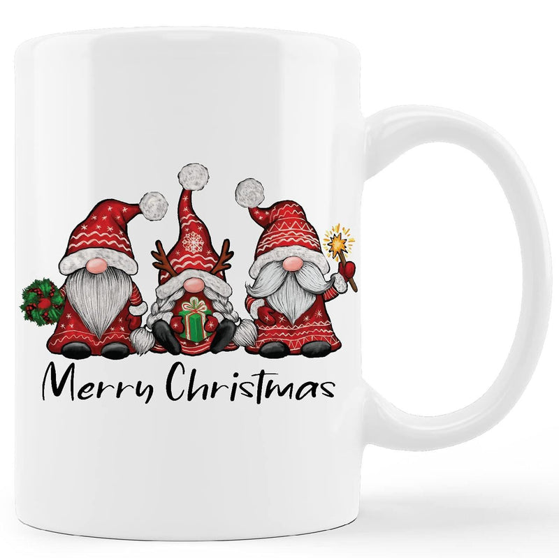 Tailorly White Ceramic 11 oz Mug - Merry Christmas Three Festive Wearing Red Patterned Hats Holding Holiday Items Gnomes