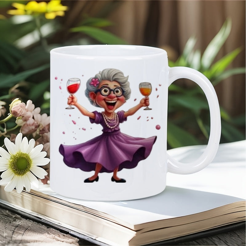 Tailorly White Ceramic 11 oz Mug - Joyful Elderly Woman Dancing In Purple Dress Holding Wine Glasses Grandmother
