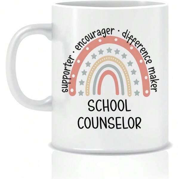 Tailorly White Ceramic 11 oz Mug - Supporter Encourager Difference Maker School Counselor Boho Style Rainbow With Soft Colors Stars And Minimalist Dots Mug