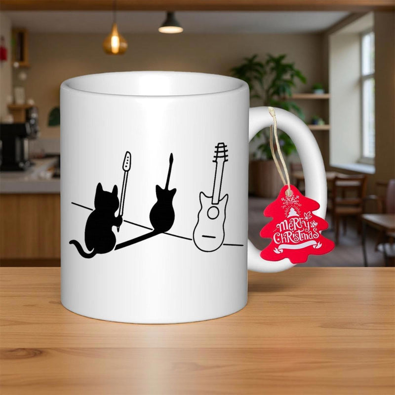 Tailorly White Ceramic 11 oz Mug - Minimalist Black Cat Silhouettes Sitting With Musical Acoustic Guitars Cat