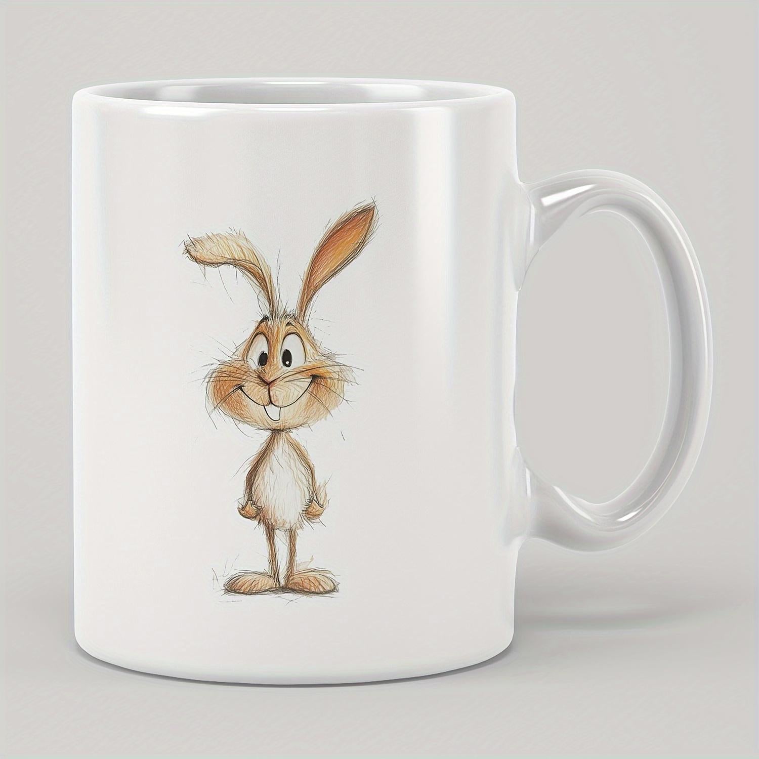 Tailorly White Ceramic 11 oz Mug - Adorable Hand Drawn Cartoon With Long Ears And Friendly Smile Standing Rabbit