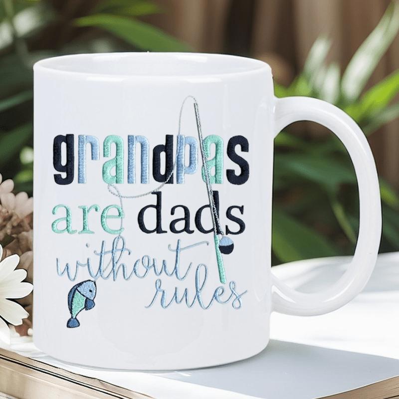 Tailorly White Ceramic 11 oz Mug - Grandpas Are Dads Without Rules Fishing Rod Casting Line To Catch A Small Playful Blue Fish