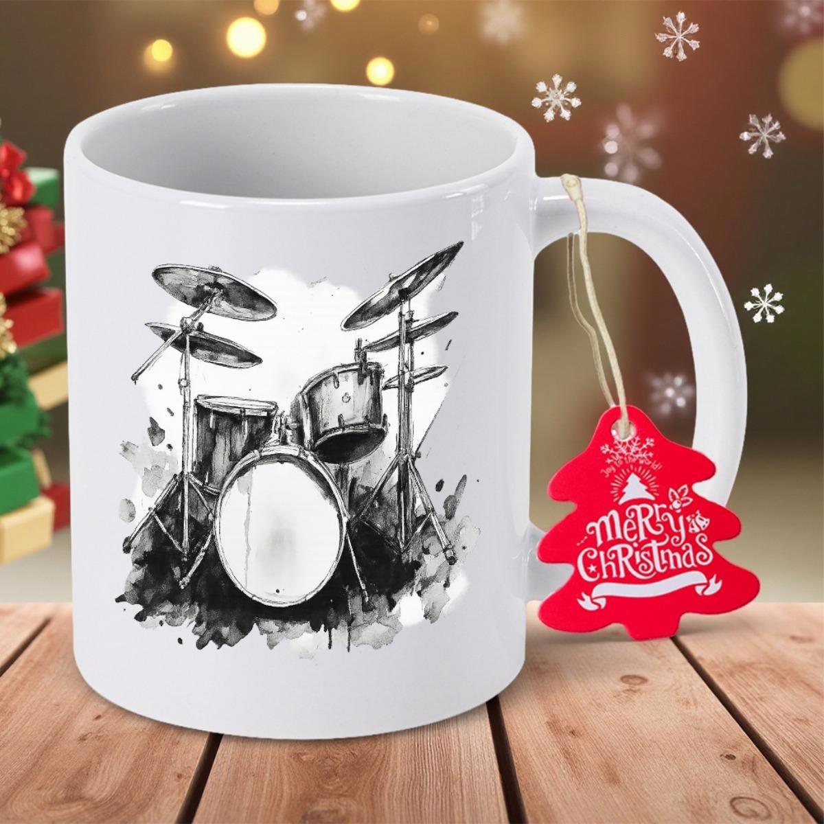 Tailorly White Ceramic 11 oz Mug - Merry Christmas Artistic Monochrome Ink Splash Design Featuring Cymbals And Percussion Drum Set