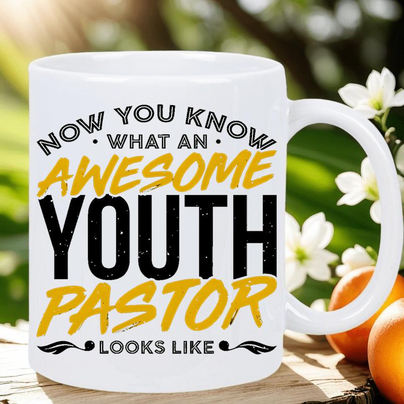 Tailorly White Ceramic 11 oz Mug - Now You Know What An Awesome Youth Pastor Looks Like Minimalist Black And Yellow Typography On A Plain Ceramic White Background
