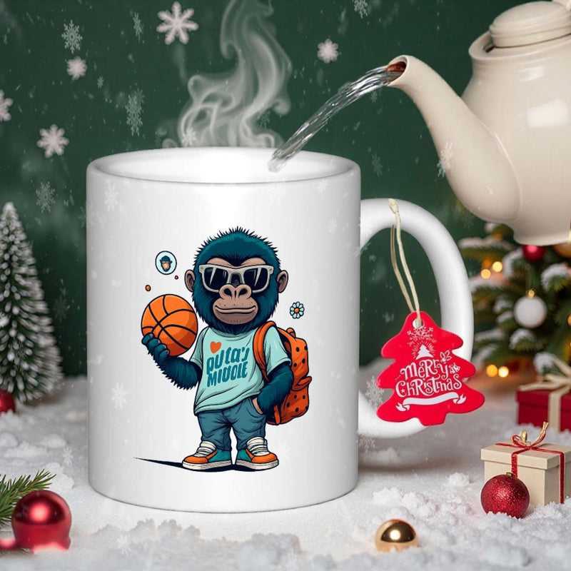 Tailorly White Ceramic 11 oz Mug - Merry Christmas Cool Blue Character Wearing Sunglasses Carrying Orange Backpack And Holding Basketball Gorilla