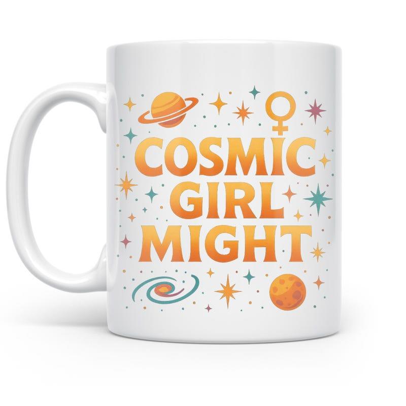 Tailorly White Ceramic 11 oz Mug - Cosmic Girl Might Colorful Retro Galaxy With Stars And Female Symbols Among Glowing Space Universe