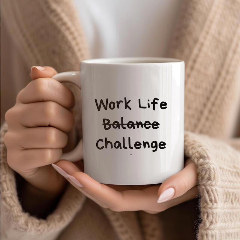 Tailorly White Ceramic 11 oz Mug - Work Life Balance Challenge Minimalist White Ceramic Coffee Cup Held By Hands Mug