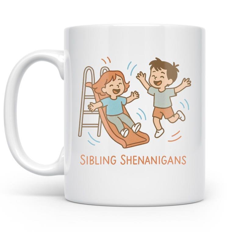 Tailorly White Ceramic 11 oz Mug - Sibling Shenanigans Joyful Kids Playing Together On A Sunny Playground Slide Siblings