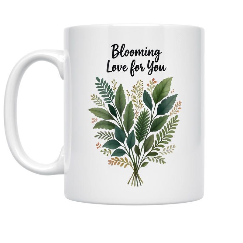Tailorly White Ceramic 11 oz Mug - Blooming Love For You Elegant Botanical Green Leaves Bundled Together In A Vibrant Natural Handcrafted Bouquet