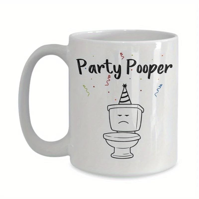 Tailorly White Ceramic 11 oz Mug - Party Pooper Cartoon Toilet With Striped Party Hat Amidst Floating Festive Confetti Toilet