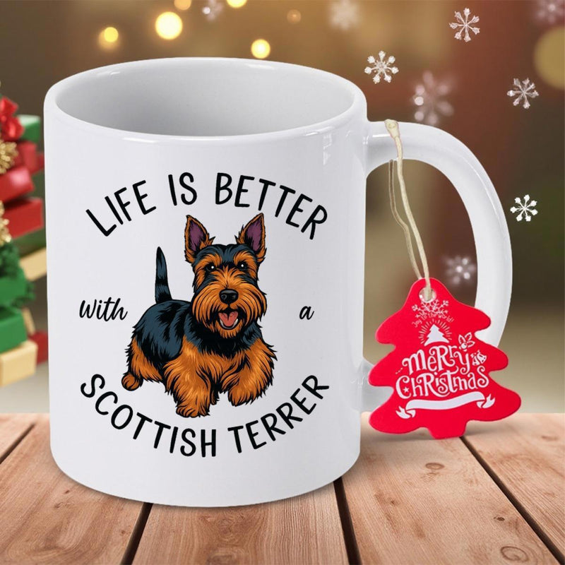 Tailorly White Ceramic 11 oz Mug - Life Is Better With A Scottish Terrier Adorable Black And Tan Dog Within Circular Text Layout Design Terrier