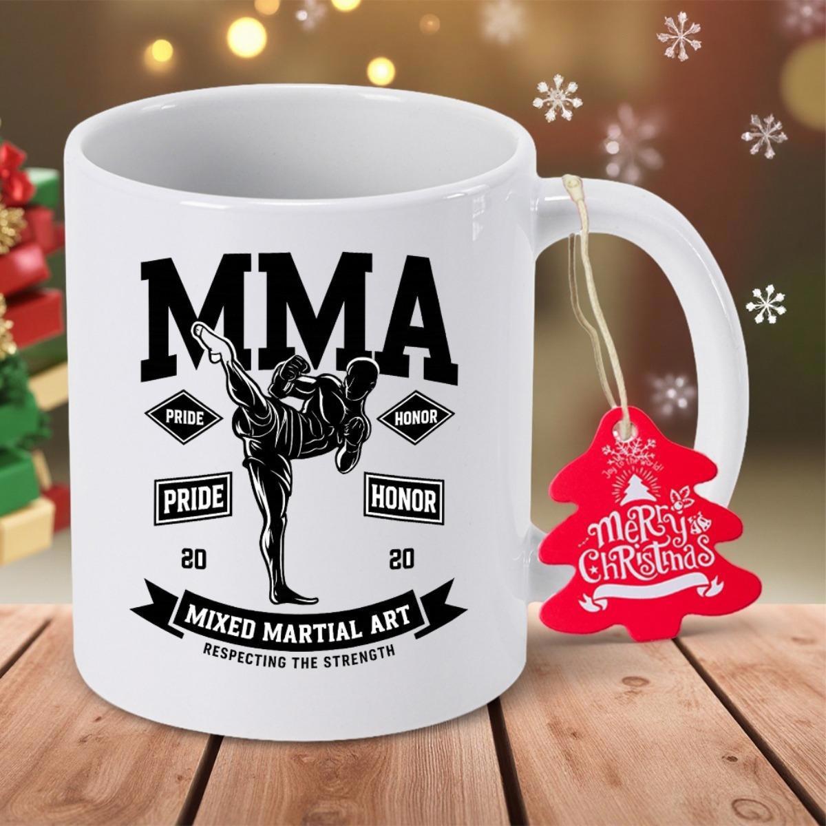 Tailorly White Ceramic 11 oz Mug - MMA Pride Honor Mixed Martial Art Respecting The Strength Powerful Black Silhouette Striking Dynamic High Kick Under Bold