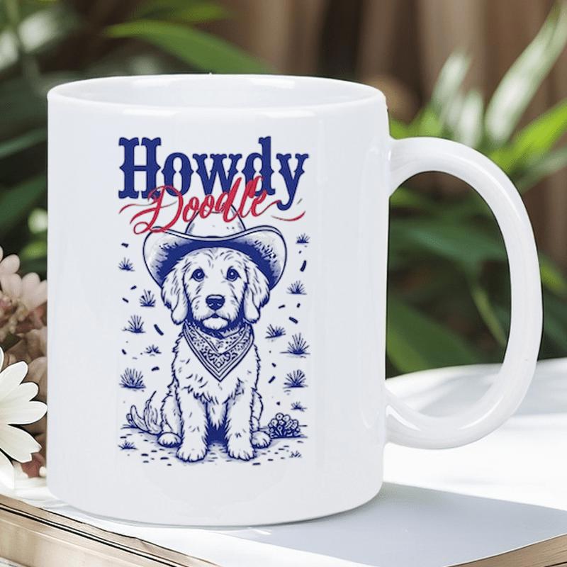 Tailorly White Ceramic 11 oz Mug - Howdy Doodle Classic Western Style Puppy Wearing Large Cowboy Hat And Neck Bandana Dog