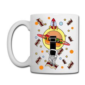 Tailorly White Ceramic 11 oz Mug - Playful Astronaut Drifting Through Deep Space Near Flying Bacon And Giant Burger