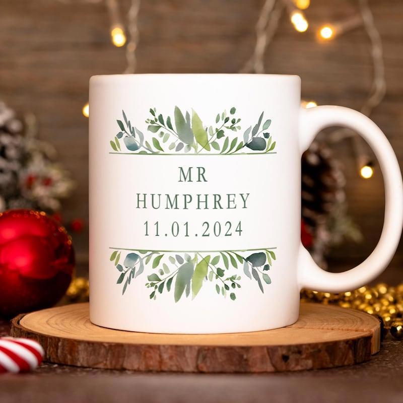 Tailorly White Ceramic 11 oz Mug - Mr Humphrey Elegant Watercolor Green Botanical Branches With Symmetrical Decorative Floral Leaves Foliage