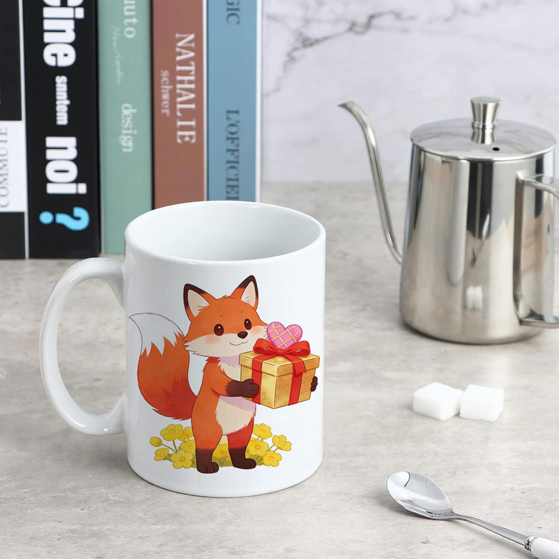 Tailorly White Ceramic 11 oz Mug - Cute Orange Cartoon Fox Holding Yellow Gift Box Among Small Flowers Fox