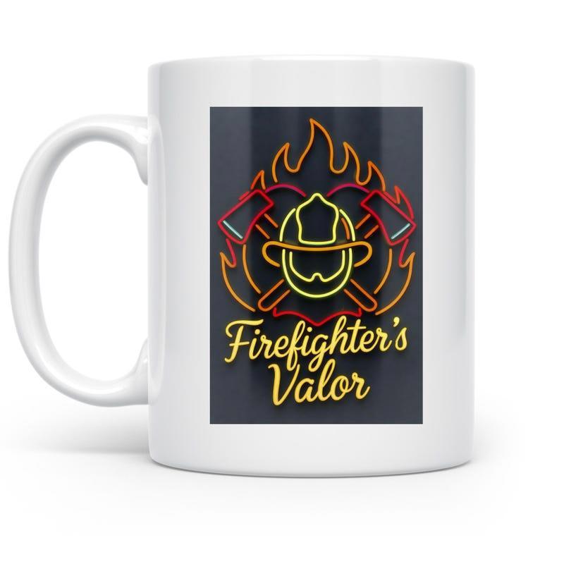 Tailorly White Ceramic 11 oz Mug - Firefighter's Valor Vibrant Glowing Neon Design With Crossed Axes And Raging Flames Helmet