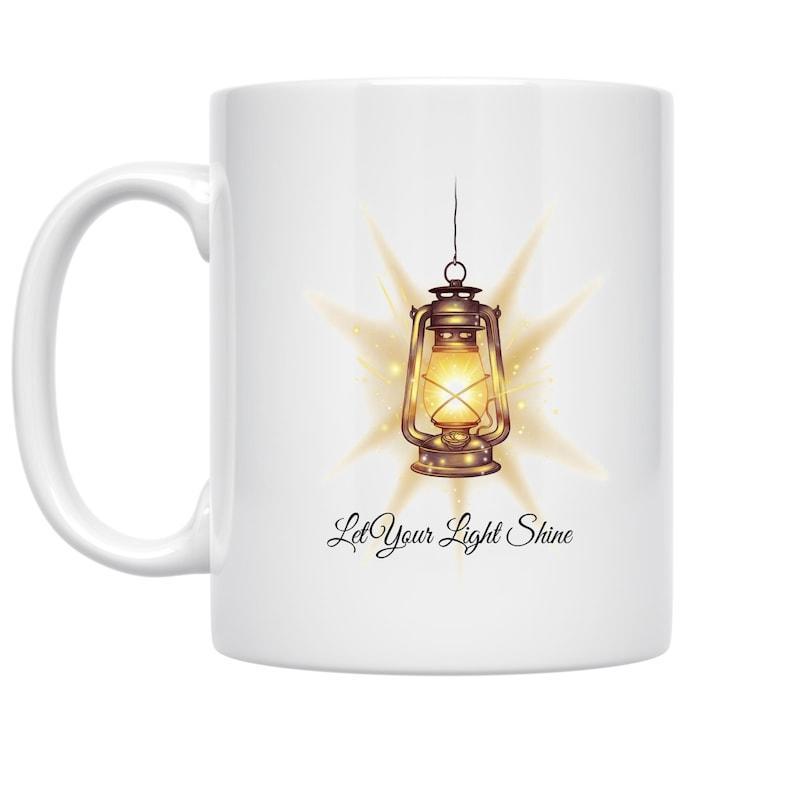 Tailorly White Ceramic 11 oz Mug - Let Your Light Shine Glowing Vintage Oil Lamp Radiating Warm Golden Light With Starry Sparkles Lantern