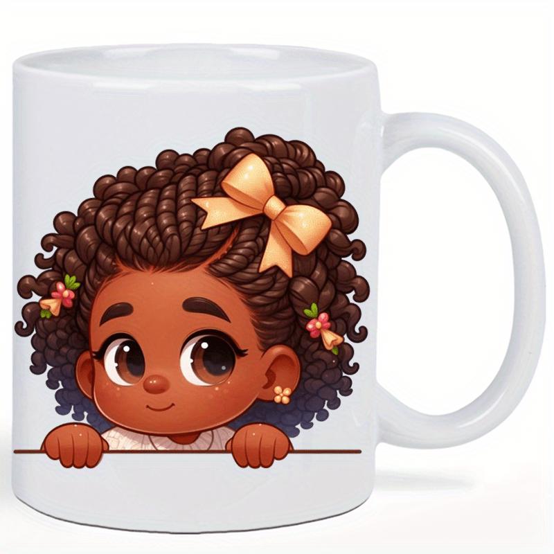Tailorly White Ceramic 11 oz Mug - Adorable Peeking Little Child With Braided Brown Hair And Bow Girl