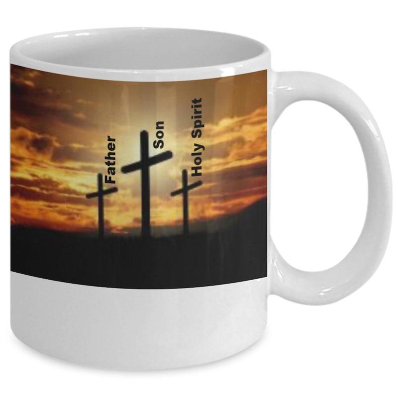 Tailorly White Ceramic 11 oz Mug - Father Son Holy Spirit Three Black Silhouettes Standing Against A Dramatic Golden Evening Sunset Sky Cross