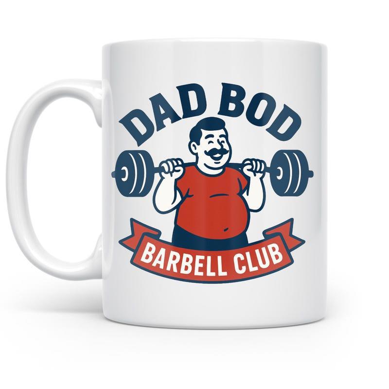 Tailorly White Ceramic 11 oz Mug - Dad Bod Barbell Club Strong Mustache Man Lifting Heavy Barbell For Fitness Training Exercise Man